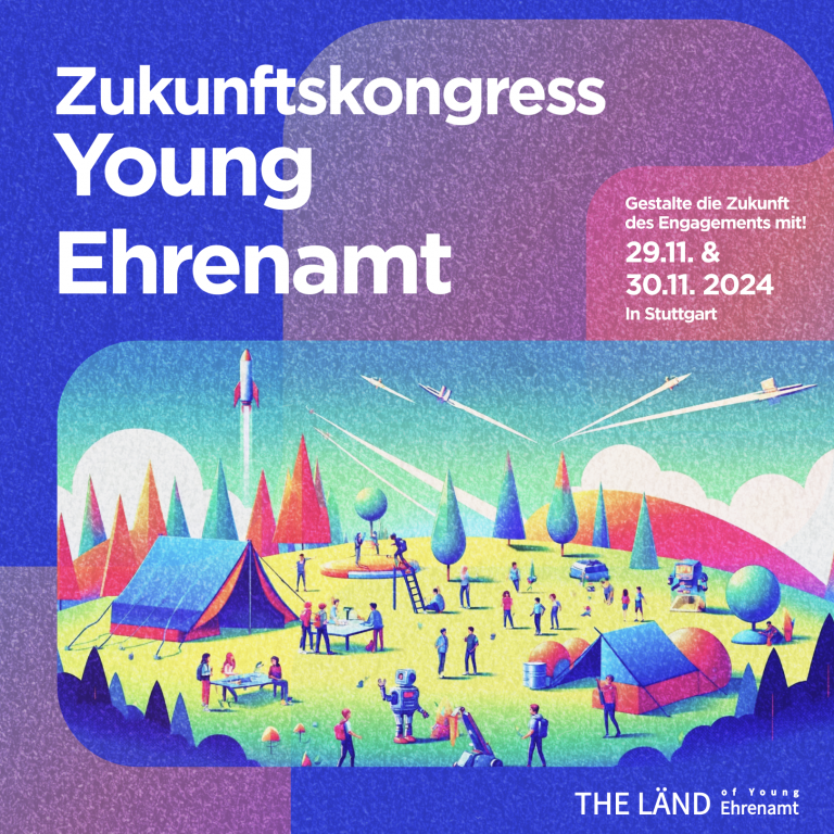 Quadtratisches Sharepic für den Zukunftskongress, mit einer futuristischen Camping-Szene