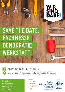 Das Bild zeigt die Rahmendaten für die Veranstaltungen. Im Hintergrund ist eine Werkbank mit buntem Werkzeug zu sehen.